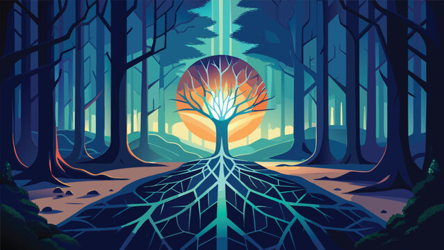 Ethereal glowing tree of life in enchanted forest setting with fantasy world glowing light nature energy life cycle nature illustration fantasy landscape glowing roots mystical spiritual