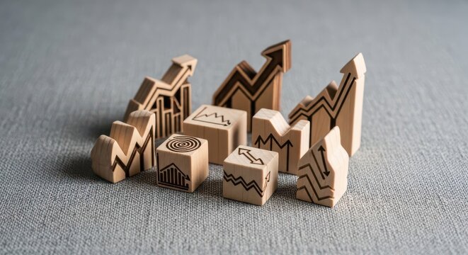 Wooden Blocks Displaying Financial Growth Charts and Upward Trends