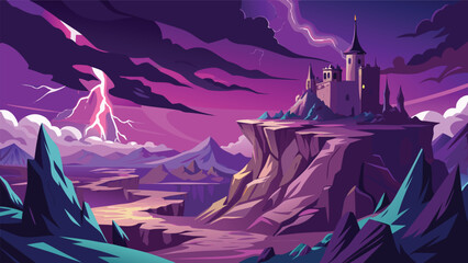 Fantasy castle on cliff top during dark lightning storm with lightning dramatic landscape mountains fortress environment wilderness illustration architecture atmospheric striking adventure © icon sos