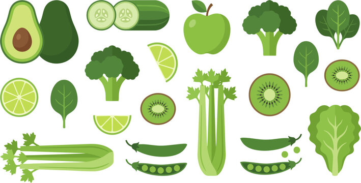Set of fresh green organic fruits and vegetables flat vector illustrations
