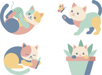 Fototapeta premium Charming Flat Design Kittens in Pastel Hues A Collection of Playful and Relaxed Feline Illustrations