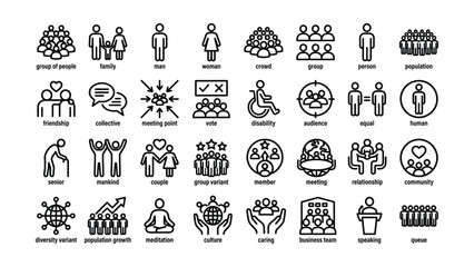 Obraz premium Black line icons of various people and social concepts on white background