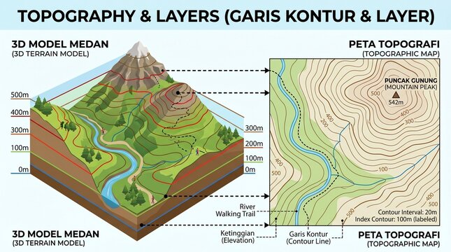 Educational visual showing the correlation between volumetric landforms and their flat mapped depictions for spatial analysis