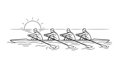 Black and White Rowing Team Minimal Line Drawing Vector © MD