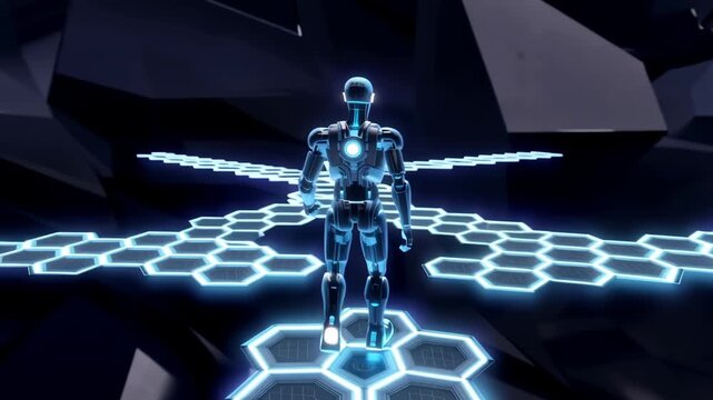 Neon robot walks on hexagonal platform, chrome figure strides over illuminated honeycomb floor inside dark industrial stage cool blue glow and hex patterns convey vigilance, motion