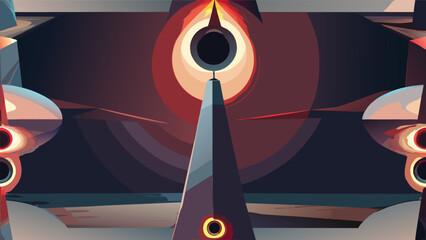 Abstract geometric illustration of monolith monument under celestial ring eclipse with sci fi monolith geometric abstract celestial futuristic universe background illustration dramatic © icon sos