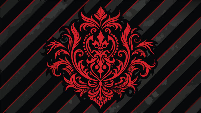 Intricate red damask pattern overlay on diagonal dark stripes with ornament filigree decorative background victorian wallpaper abstract artistic silhouette composition illustration symmetry