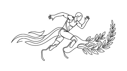 Fototapeta premium Paralympic Runner with Prosthetic Limbs and Laurel Wreath - Continuous Line Art