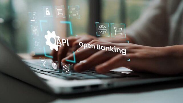 Person Using Laptop with Digital Interface Representing API and Open Banking Concepts in Modern Workspace Environment Gluon.