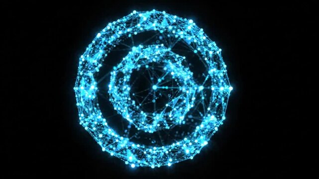 Abstract glowing blue network sphere evolving with connected dots and lines in dark space.