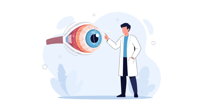 Ophthalmologist examining a cross-section of the human eye, illustrating vision science and medical technology.