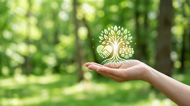 Hand Holding Glowing Tree Icon Symbolizing Growth and Community