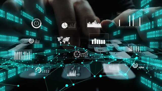 This image showcases a cutting-edge digital concept combining data analysis elements like graphs and numbers over a keyboard, symbolizing modern technology trends. Xenic