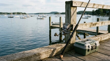 Fototapeta premium Serene Waterfront Dock with Fishing Equipment and Calm Water Scene.