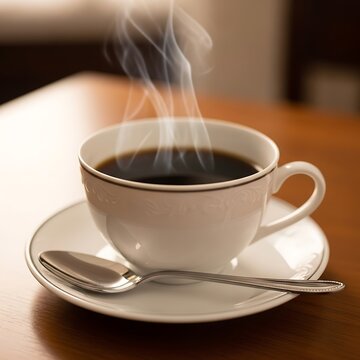 Creamy cappuccino in white cup on saucer.