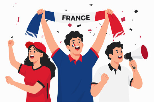 Vector illustration of enthusiastic French football supporters celebrating a victory with national colors, fan scarf, cheering crowd, and festive atmosphere. Ideal for soccer tournaments, championship