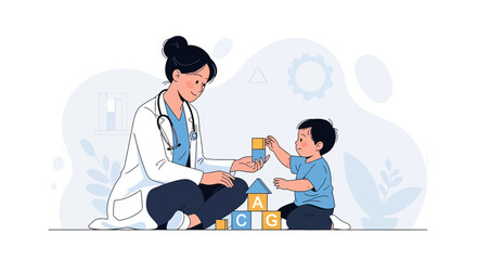 Fototapeta premium Pediatrician playing with child using alphabet blocks, fostering development and trust in a modern, minimalist illustration style.
