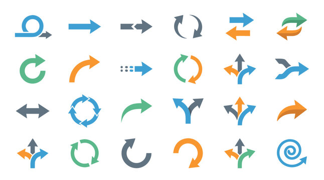Arrows and Refresh Icons Vector Set with Blue Gray Orange Green Circular Loops and Motion Direction Symbols