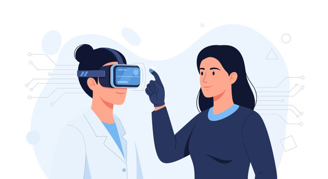 Two women in virtual reality, exploring digital world with VR headset and cyber glove for immersive technology and innovation