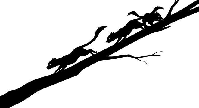 Silhouette of squirrels running on a tree branch.