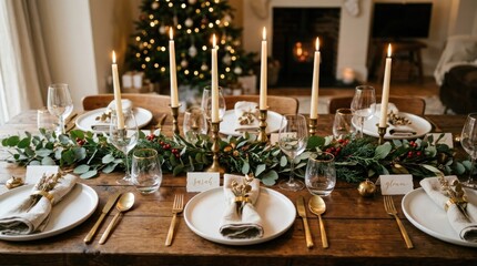 Fototapeta premium A beautifully set dining table with a garland of greenery and berries, candles, and place settings, with a Christmas tree in the background.