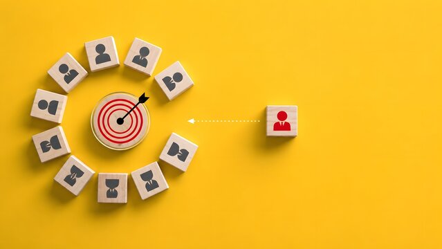 Human resources recruitment concept with wooden blocks of people icons around a target and a red figure filling the gap on yellow background