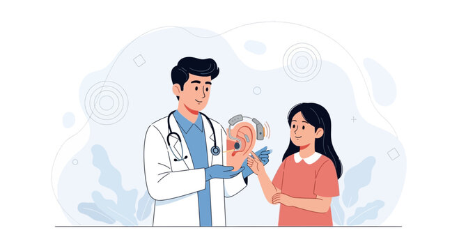 Audiologist demonstrates cochlear implant to a young girl, illustrating hearing health and medical consultation.