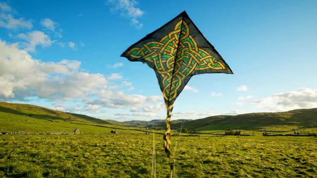 Colorful Kite with Celtic Design Soars High Above Green Hills and Bright Blue Sky, Evoking Freedom and Joy in Natures Embrace