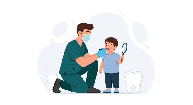 Dentist examining child's teeth with magnifying glass, vector illustration promoting dental hygiene and care