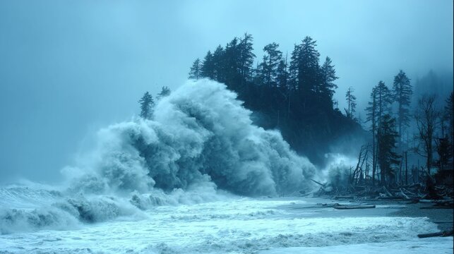 Massive tsunami wave crashing with immense power onto a forested coastline during a powerful storm
