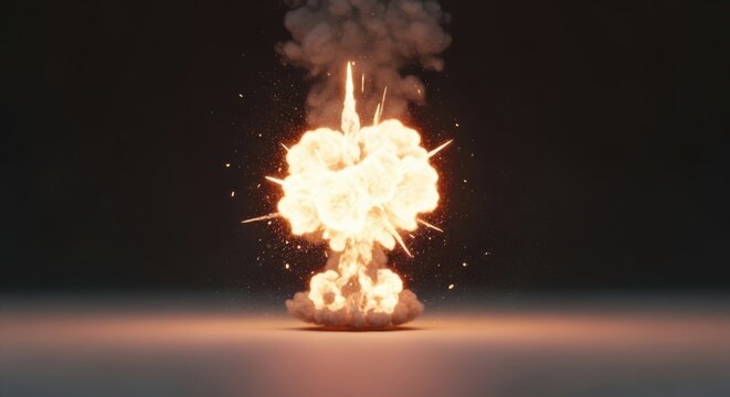 A massive explosion occurs suddenly on the ground with smoke rising.