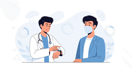 Fototapeta premium Doctor checking smartwatch during consultation with masked patient, modern flat illustration style