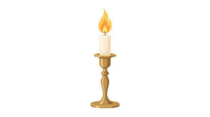 A single lit candle stands on an ornate golden candlestick indoors. © Rudi