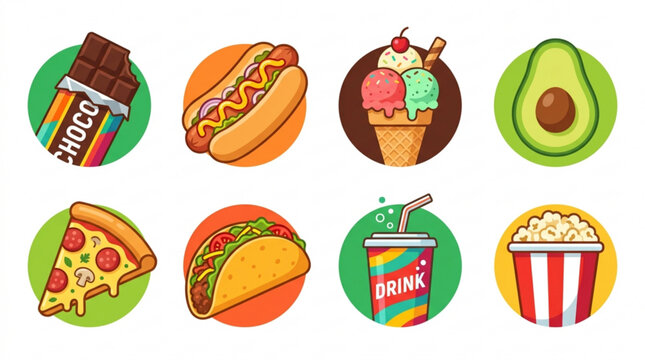 Colorful icons of various fast food