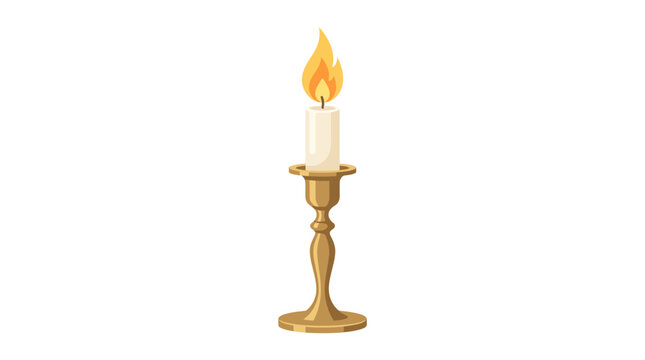 A single lit candle stands on an ornate golden candlestick indoors.