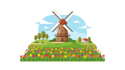 A serene windmill stands amidst vibrant tulip field on a sunny day in countryside landscape © Rudi
