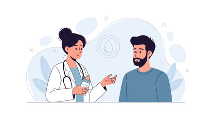Fototapeta premium Doctor consulting male patient about medical treatment and medication, vector illustration