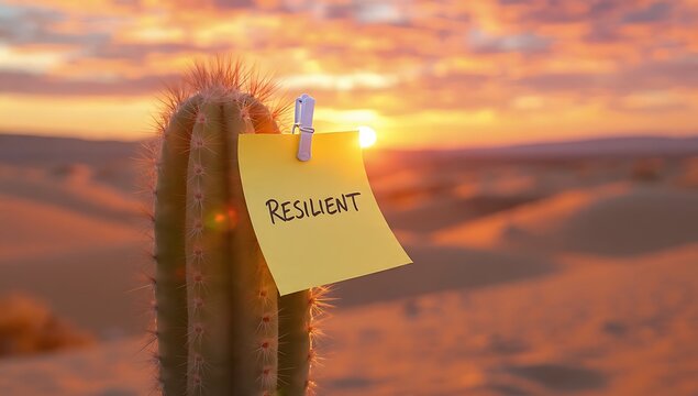 Lone cactus stands against a golden desert sunset sky. Yellow note highlights resilience amidst the harsh desert landscape.