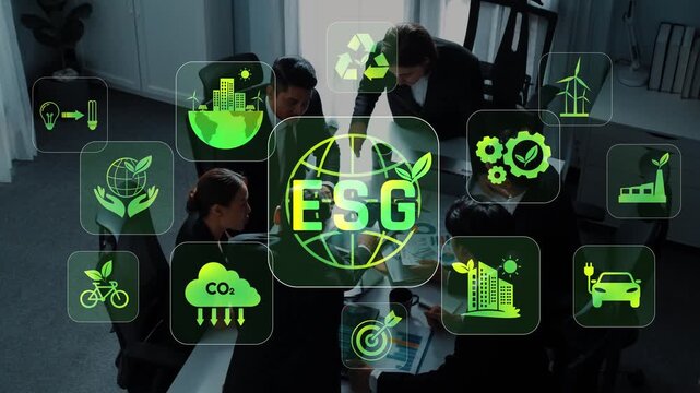 A group of professionals engages in a dynamic discussion about environmental sustainability, focusing on the implementation of ESG objectives and strategies. Raster