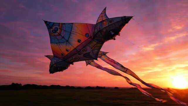 Colorful Kites Soar Against Vibrant Sunset Sky, Showcasing Joyful Designs and Patterns, Creating Serene Atmosphere of Freedom and Delight