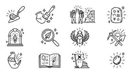 Fototapeta premium Archaeology Icons Set: Discovery, Excavation, Ancient Artifacts, Exploration