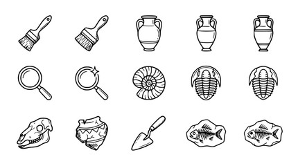 Archaeology Icons: Brushes, Vases, Fossils, Skull, Magnifying Glass, Trowel, Pottery © Instrumen