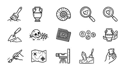 Archaeology Icons: Excavation, Discovery, Artifacts, Tools, Fossils, Map, Skull, Coins © Instrumen