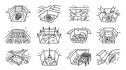 Archaeological Dig Site Illustrations: Excavation, Fossils, Bones, Artifacts, Discovery © Instrumen