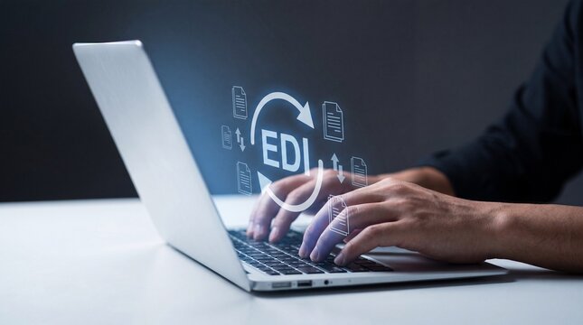 Businessman working on laptop with EDI electronic data interchange concept on screen displaying document exchange and integration processes in modern office setting