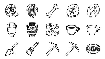 Archaeology and Paleontology Icons: Fossils, Pottery, Tools, and Artifacts - Vector Set © Instrumen
