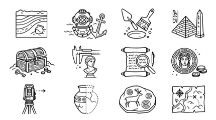 Fototapeta premium Archaeology Icons: Excavation, Treasure, Ancient Artifacts, History, Discovery, Exploration