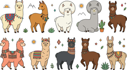 Fototapeta premium Cute Alpaca and Llama Characters Collection Featuring Adorable Cartoon Camelids in Traditional Andean Decorations and Boho Illustrations
