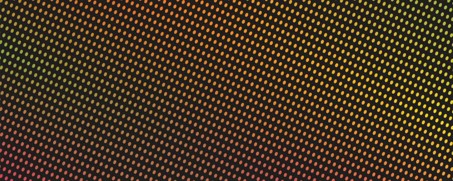 Abstract dark background with colorful orange and yellow halftone dot pattern. Modern geometric diagonal mesh grid matrix texture vector illustration template for creative banner design.