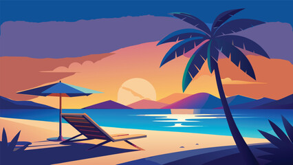 Obraz premium Relaxing beach lounge chair and umbrella at sunset by the ocean with umbrella tropical vacation seascape relaxation peaceful destination relaxing landscape illustration colorful tranquil
